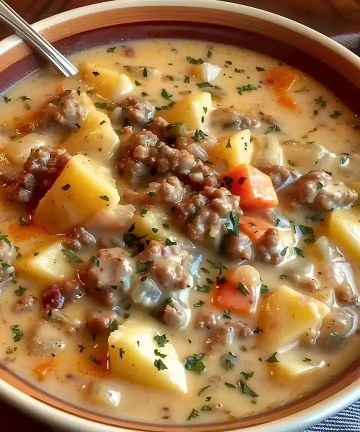 Gemüsesuppe mit Hackfleisch in einem bunten Teller serviert