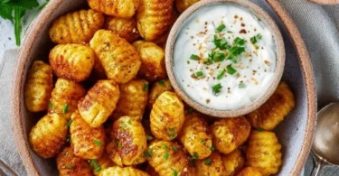 Gnocchi aus dem Airfryer serviert auf einem Teller mit frischen Kräutern