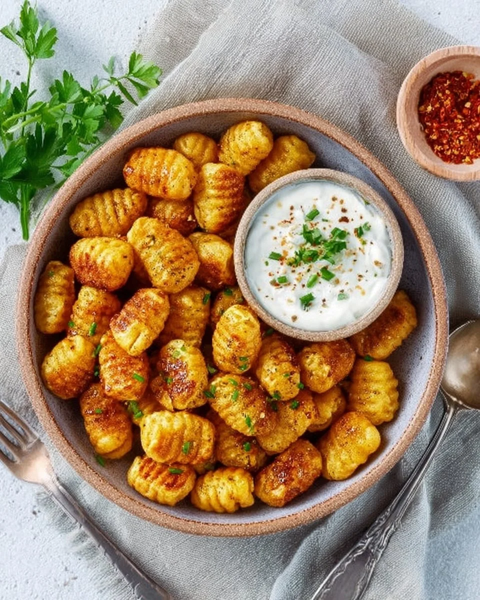 Gnocchi aus dem Airfryer serviert auf einem Teller mit frischen Kräutern