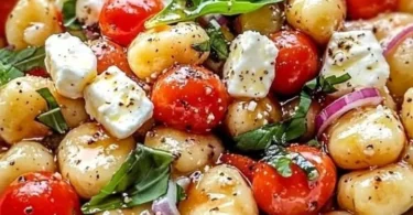 Gnocchi-Salat mit Feta und frischen Tomaten in einer schönen Schüssel