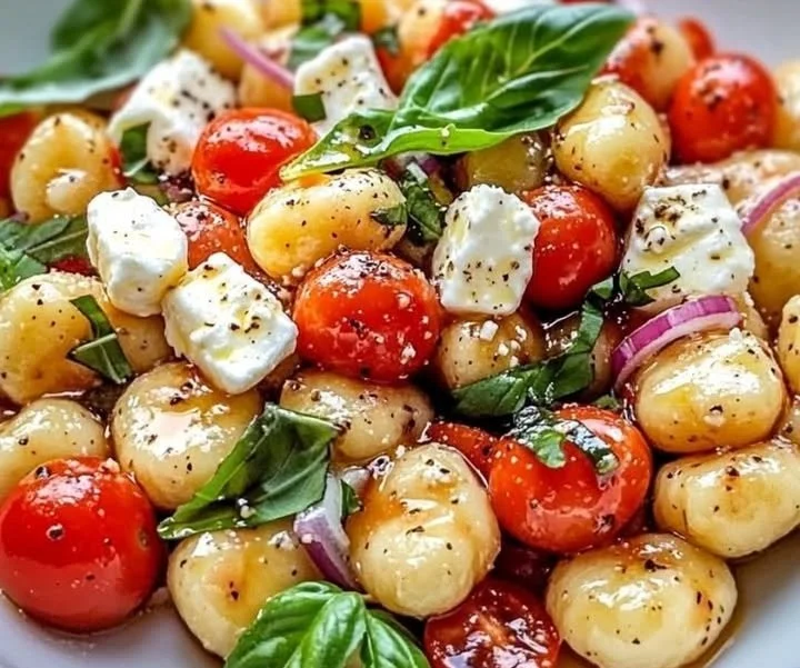 Gnocchi-Salat mit Feta und frischen Tomaten in einer schönen Schüssel