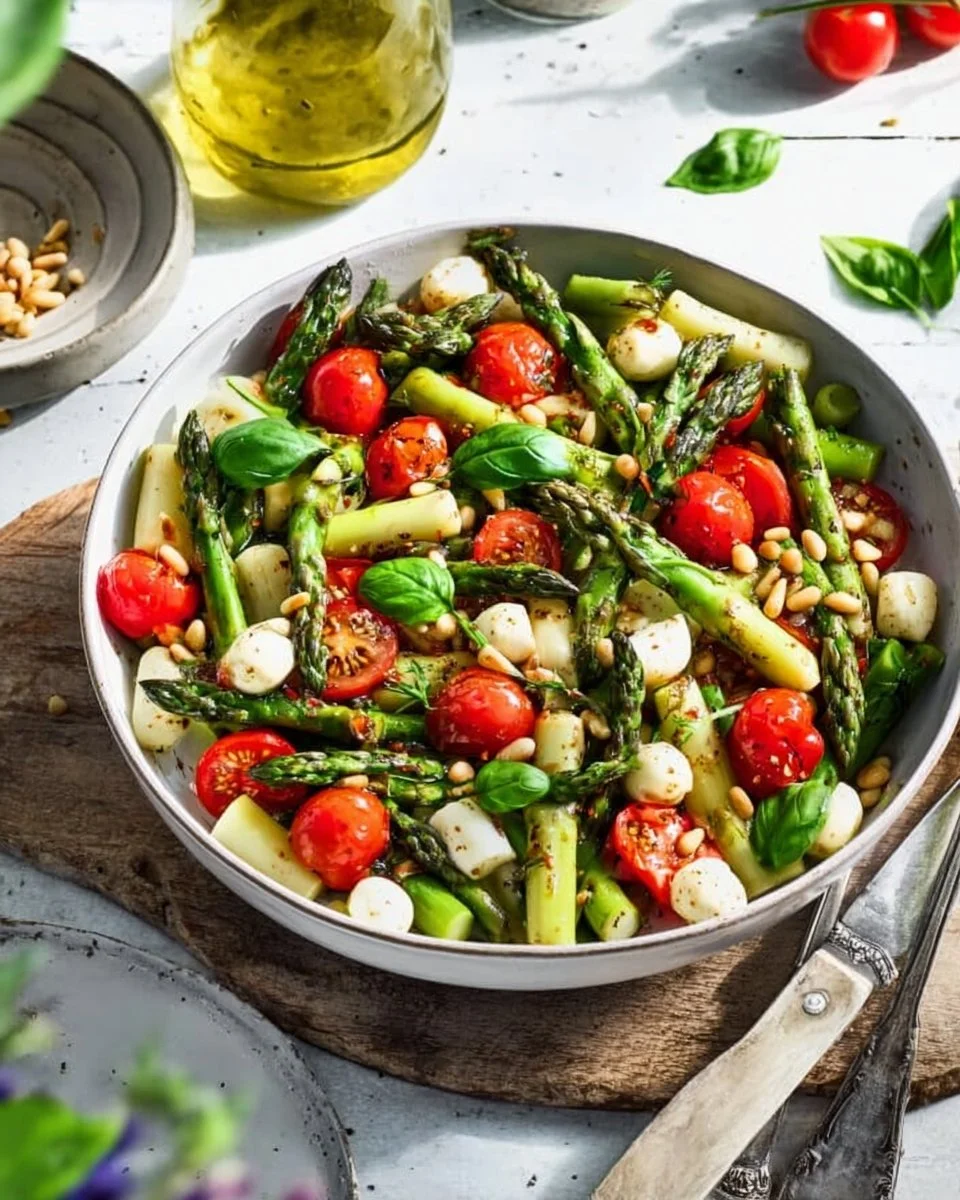 Grüner Spargel Salat mit Tomaten und Mozzarella in einer Schüssel
