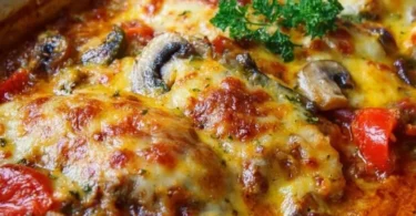 Leckeres Hähnchen Auflauf Gericht frisch aus dem Backofen.