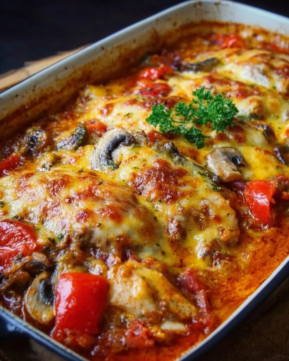 Leckeres Hähnchen Auflauf Gericht frisch aus dem Backofen.