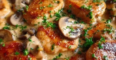 Hähnchen-Pilzpfanne mit frischen Zutaten in einer Pfanne zubereitet.