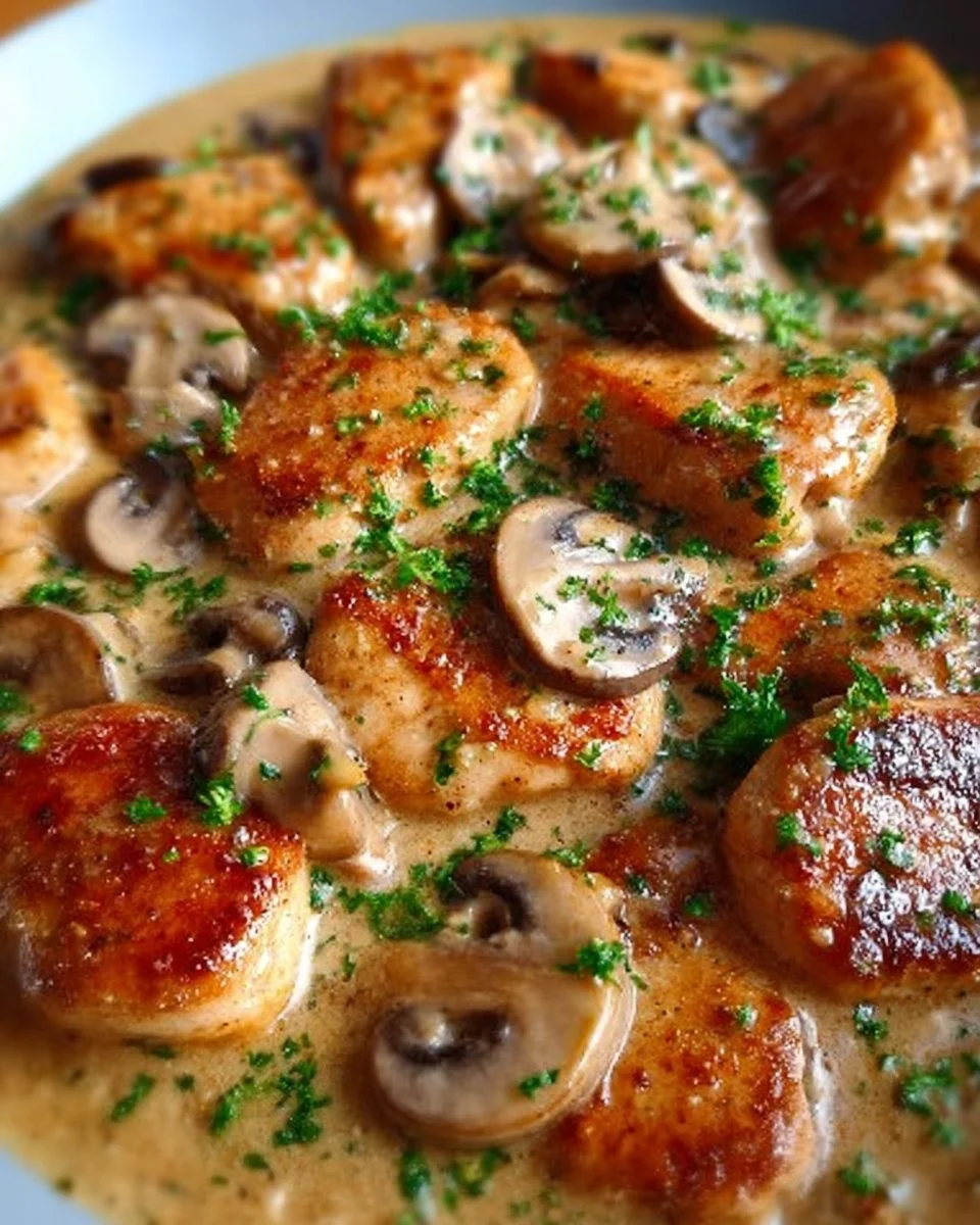 Hähnchen-Pilzpfanne mit frischen Zutaten in einer Pfanne zubereitet.