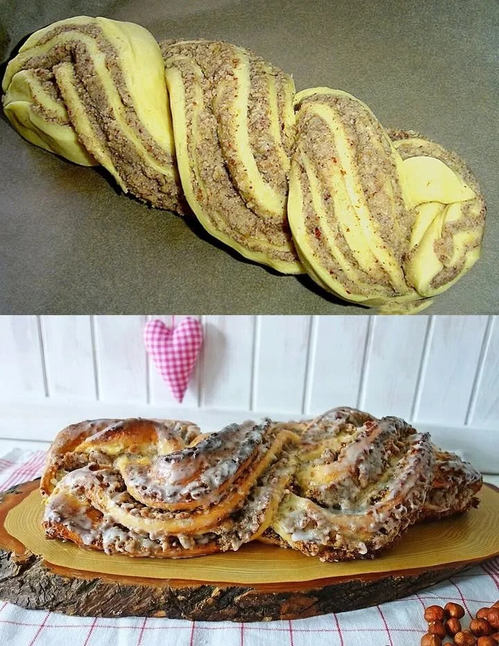 Haselnuss-Zopf mit frischer Haselnussfüllung auf einem Holzbrett