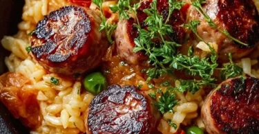 Herzhafte Wurst-Reis-Pfanne mit frischen Zutaten in einer Pfanne zubereitet