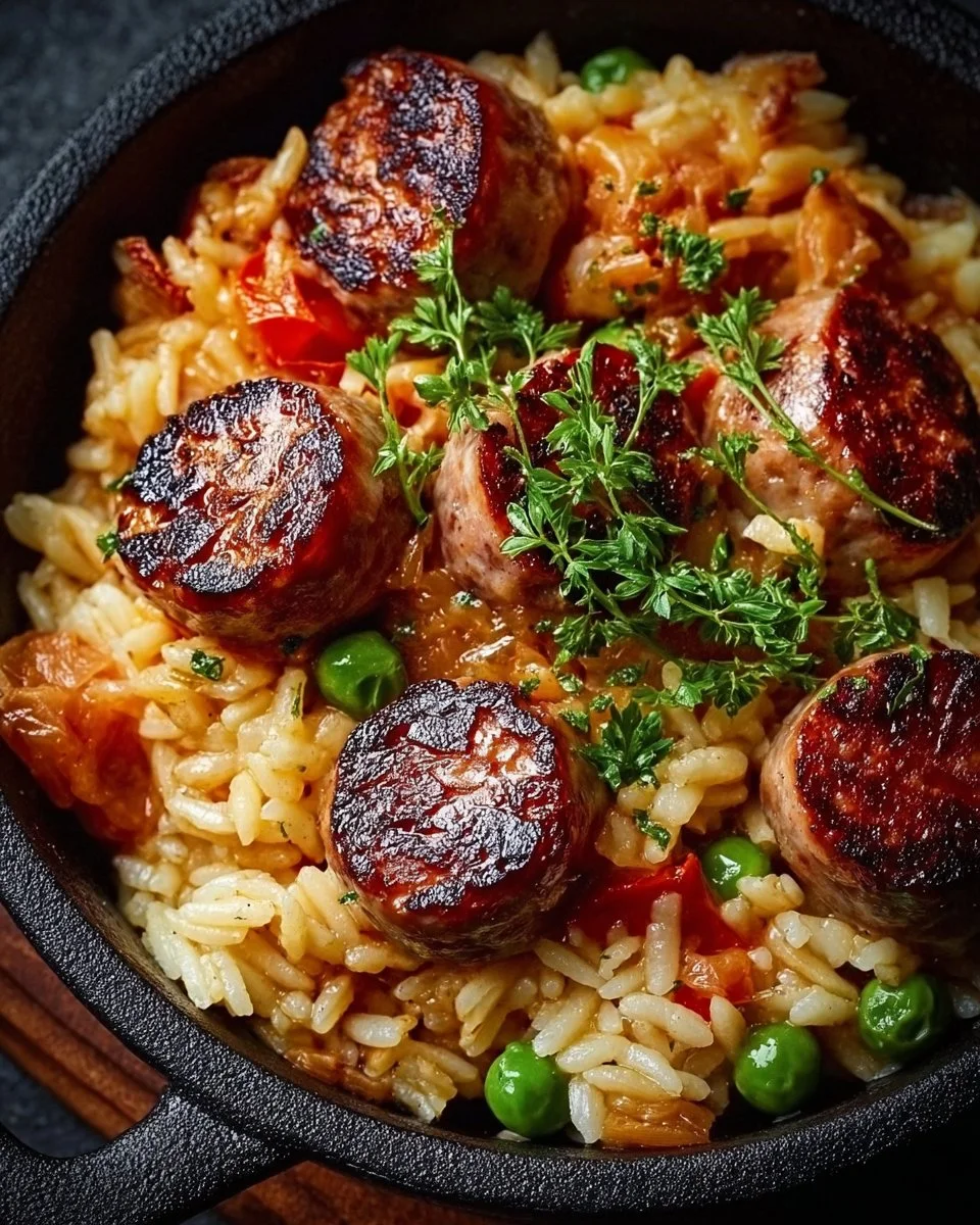 Herzhafte Wurst-Reis-Pfanne mit frischen Zutaten in einer Pfanne zubereitet