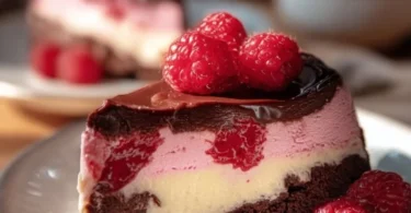 Delizioso Himbeer-Brownie-Cheesecake auf einem Teller mit frischen Himbeeren
