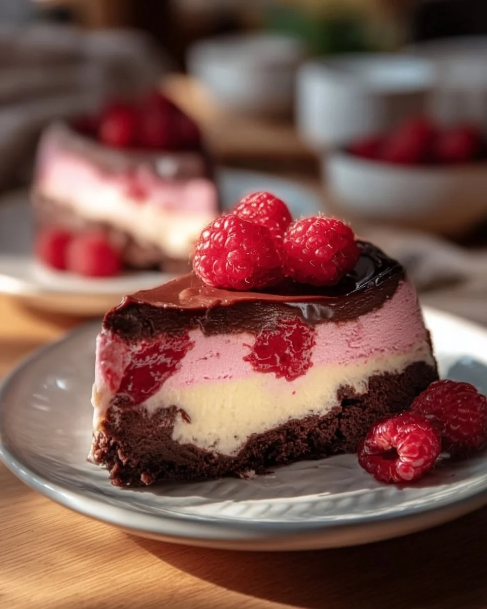 Delizioso Himbeer-Brownie-Cheesecake auf einem Teller mit frischen Himbeeren