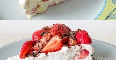 Himbeer-Eiscreme-Kuchen mit Frischkäse auf einem Teller