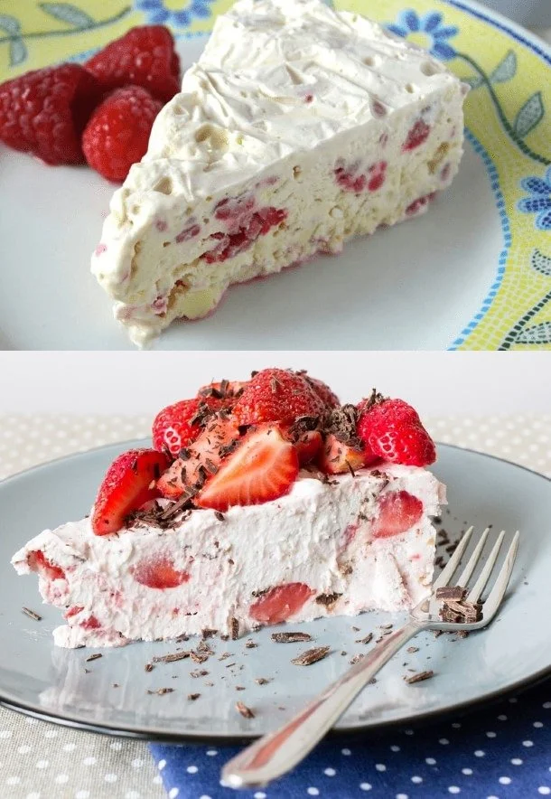 Himbeer-Eiscreme-Kuchen mit Frischkäse auf einem Teller