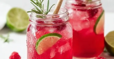 Himbeer-Limonade mit Rosmarin und Limette in einem Glas auf einem Tisch