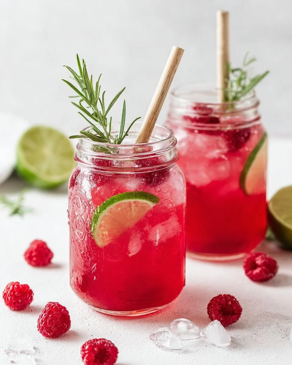 Himbeer-Limonade mit Rosmarin und Limette in einem Glas auf einem Tisch