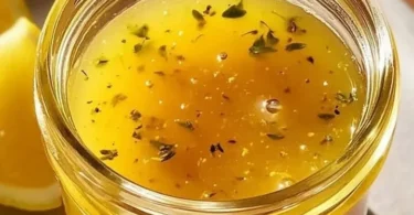 Vinaigrette aus Honig, Senf und Zitrone in einer stilvollen Glasflasche