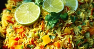 Indisch gewürzter Reis Salat mit Mango, frisch und lecker serviert.
