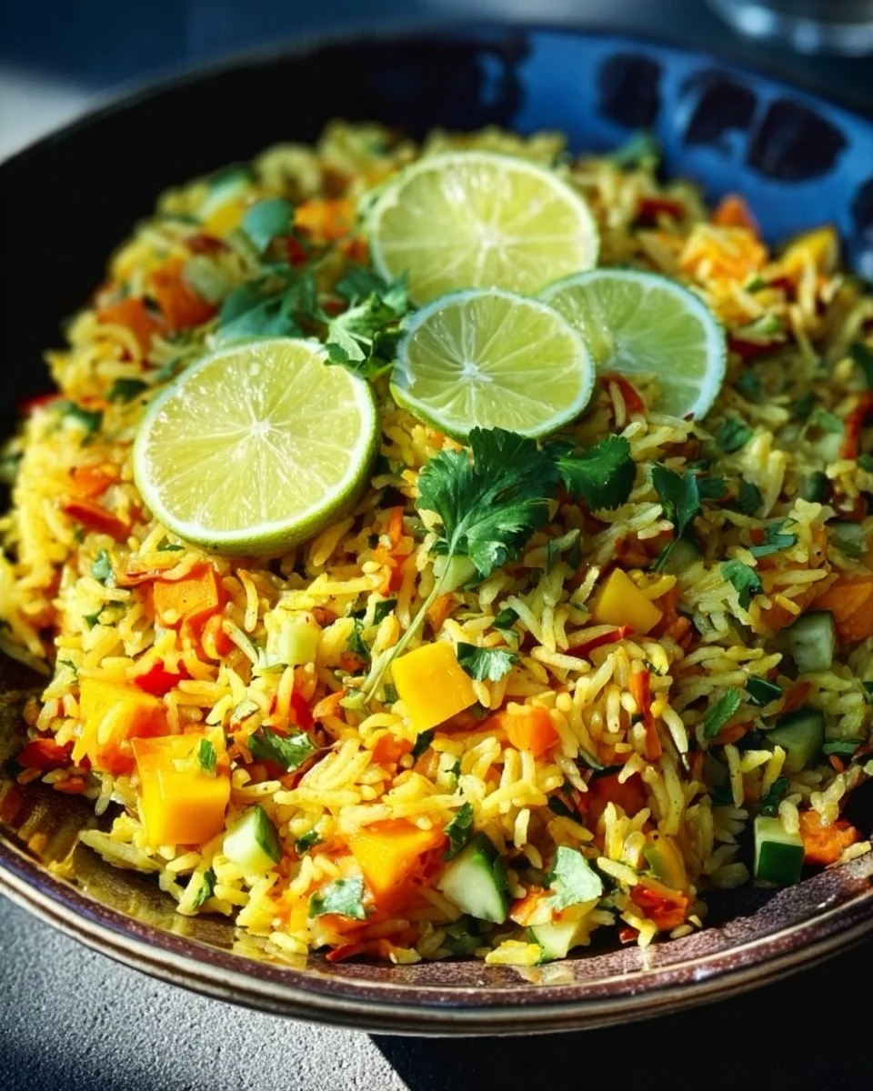 Indisch gewürzter Reis Salat mit Mango, frisch und lecker serviert.