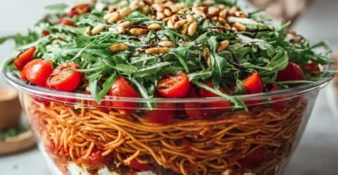 Italienischer Spaghetti-Schichtsalat in einer bunten Schichtanordnung.