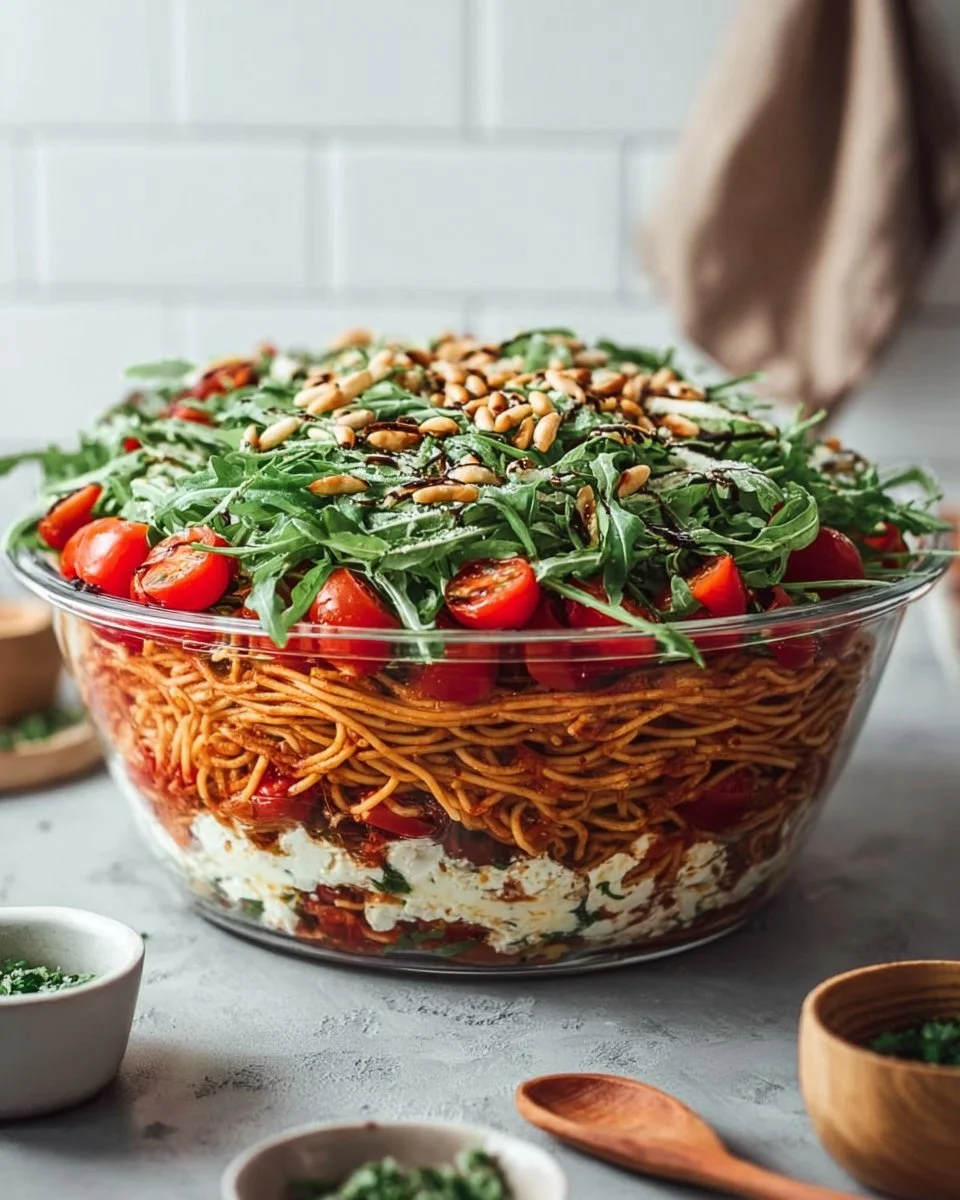 Italienischer Spaghetti-Schichtsalat in einer bunten Schichtanordnung.