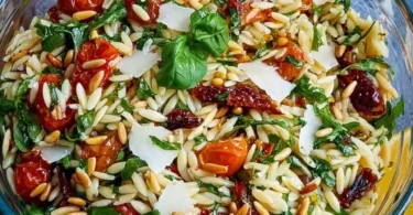 Italienischer Orzo Salat mit frischen Zutaten und aromatischen Kräutern.