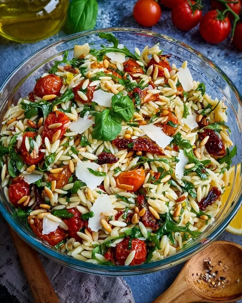 Italienischer Orzo Salat mit frischen Zutaten und aromatischen Kräutern.