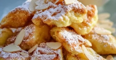 Ein Teller Kaiserschmarrn mit Puderzucker und Rosinen garnierte, serviert mit Apfelmus.