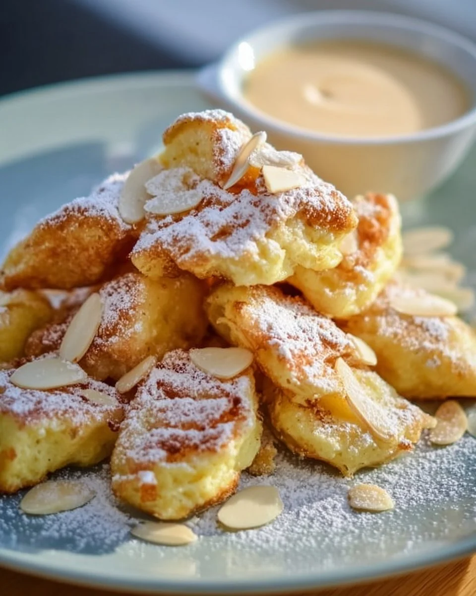 Ein Teller Kaiserschmarrn mit Puderzucker und Rosinen garnierte, serviert mit Apfelmus.