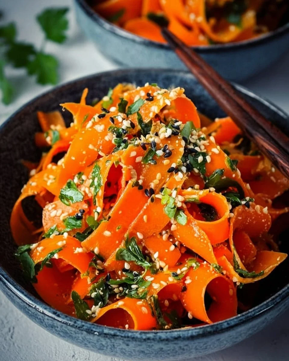 Karottensalat mit Ingwer-Sesam-Dressing auf einem Teller