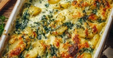 Vegetarischer Kartoffel Spinat Auflauf mit Käse überbacken