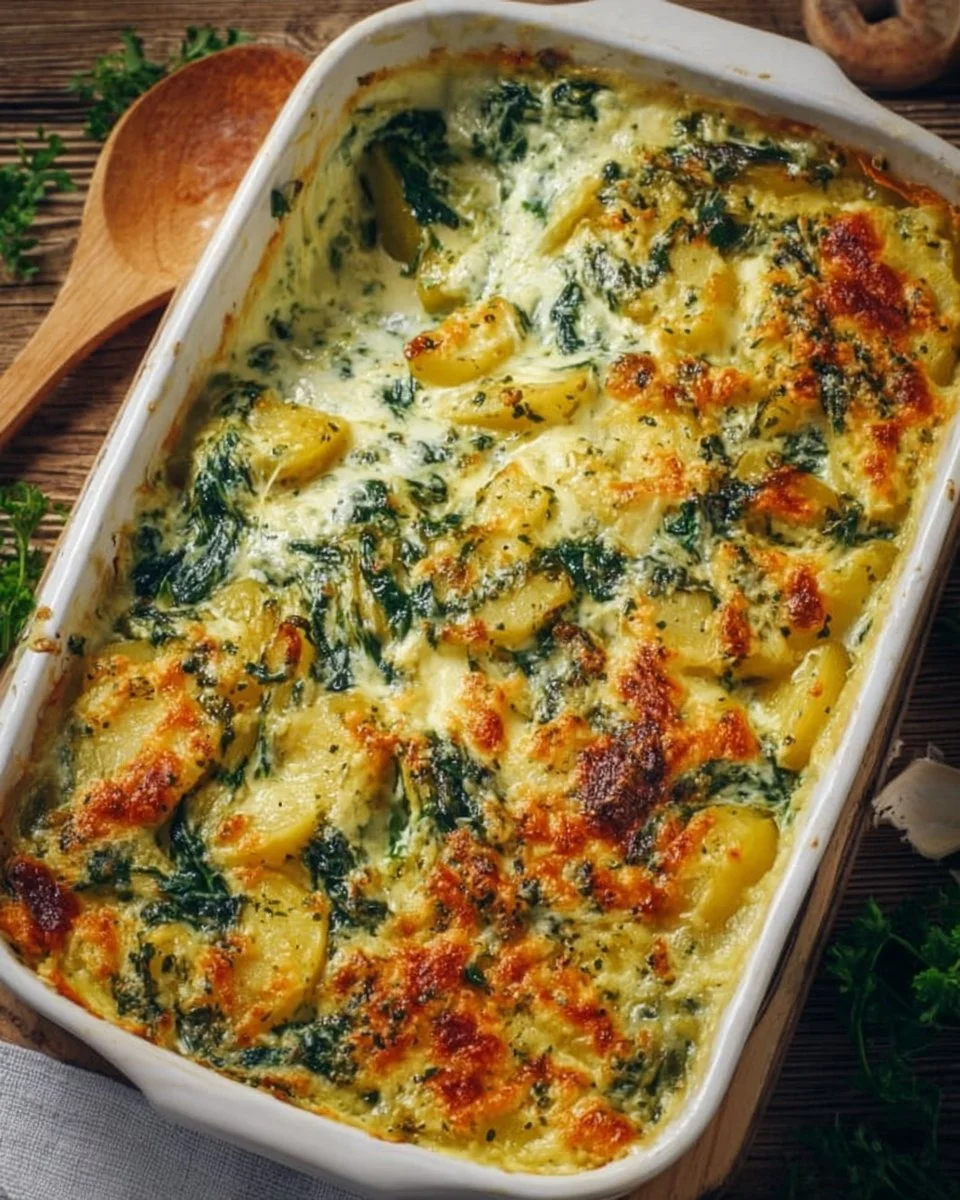 Vegetarischer Kartoffel Spinat Auflauf mit Käse überbacken