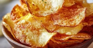 Kartoffelchips aus der Heißluftfritteuse auf einem Holzbrett serviert.