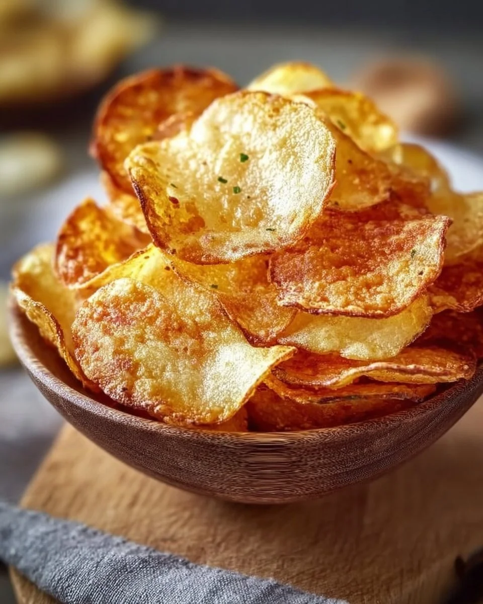 Kartoffelchips aus der Heißluftfritteuse auf einem Holzbrett serviert.