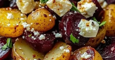 Schüssel mit Kartoffeln, Rote Bete und Feta, eine gesunde Mahlzeit.