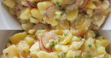 Leckerer Kartoffelsalat mit frischen Zutaten und dressing