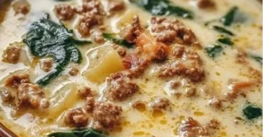 Käsesuppe mit Hackfleisch, serviert in einer Schüssel mit frischen Kräutern
