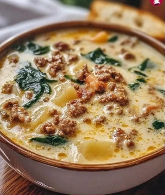 Käsesuppe mit Hackfleisch, serviert in einer Schüssel mit frischen Kräutern