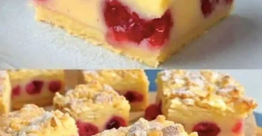 Kirschkuchen mit Streuseln und Vanillepudding auf einem Teller