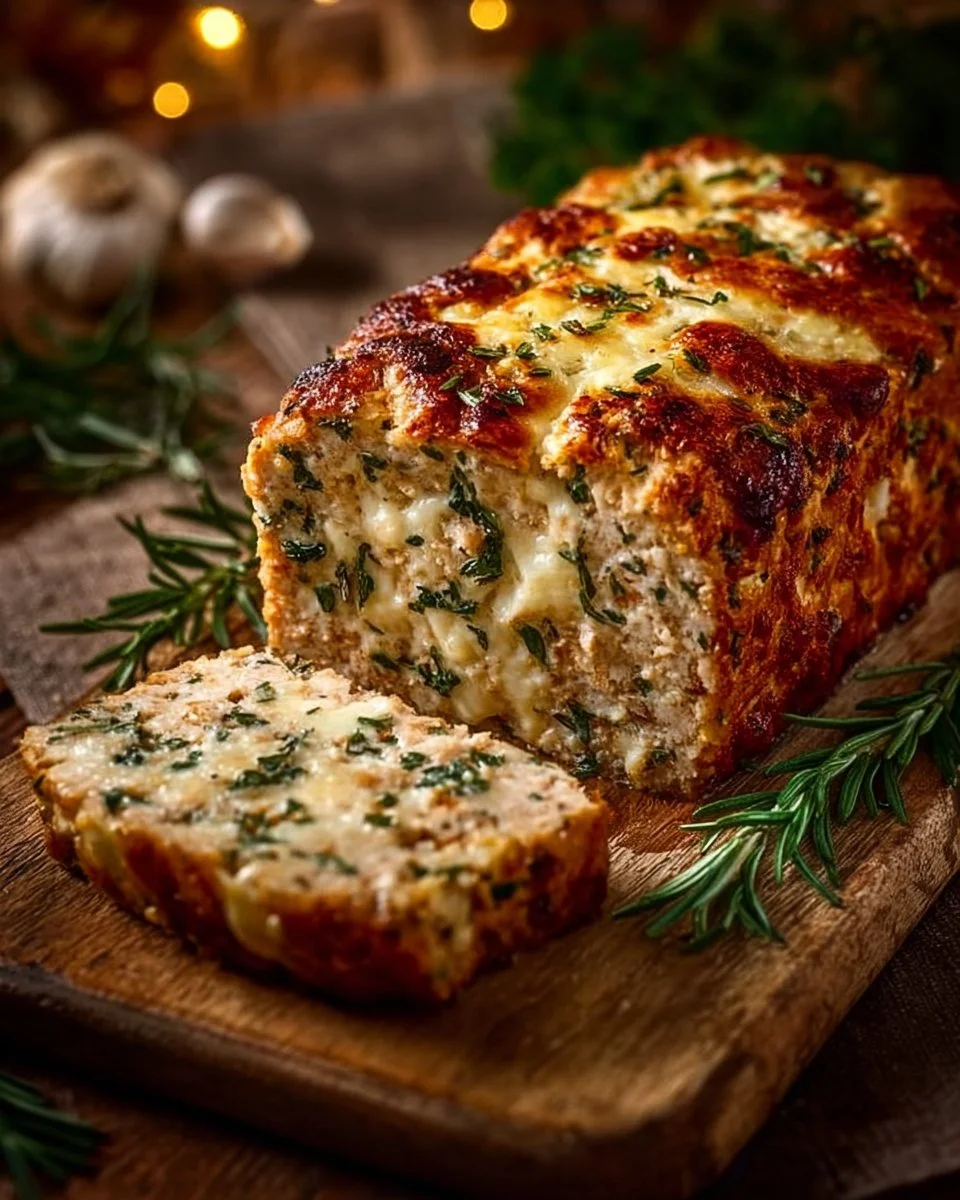 Knoblauch Parmesan Hähnchen Hackbraten frisch aus dem Ofen zubereitet.