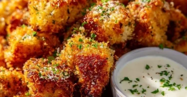 Knoblauch-Parmesan-Hähnchenbites frisch aus dem Airfryer, knusprig und lecker
