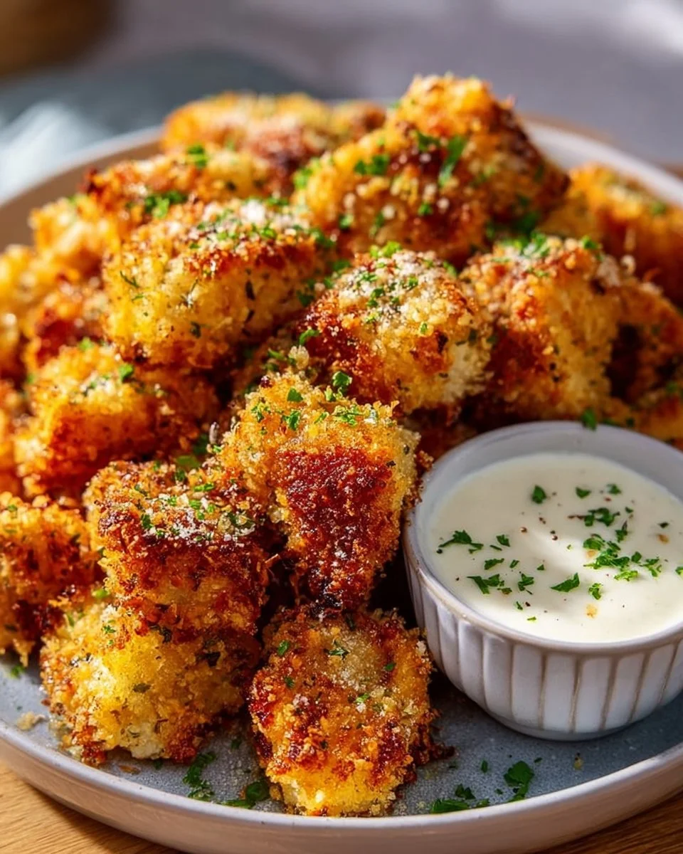 Knoblauch-Parmesan-Hähnchenbites frisch aus dem Airfryer, knusprig und lecker