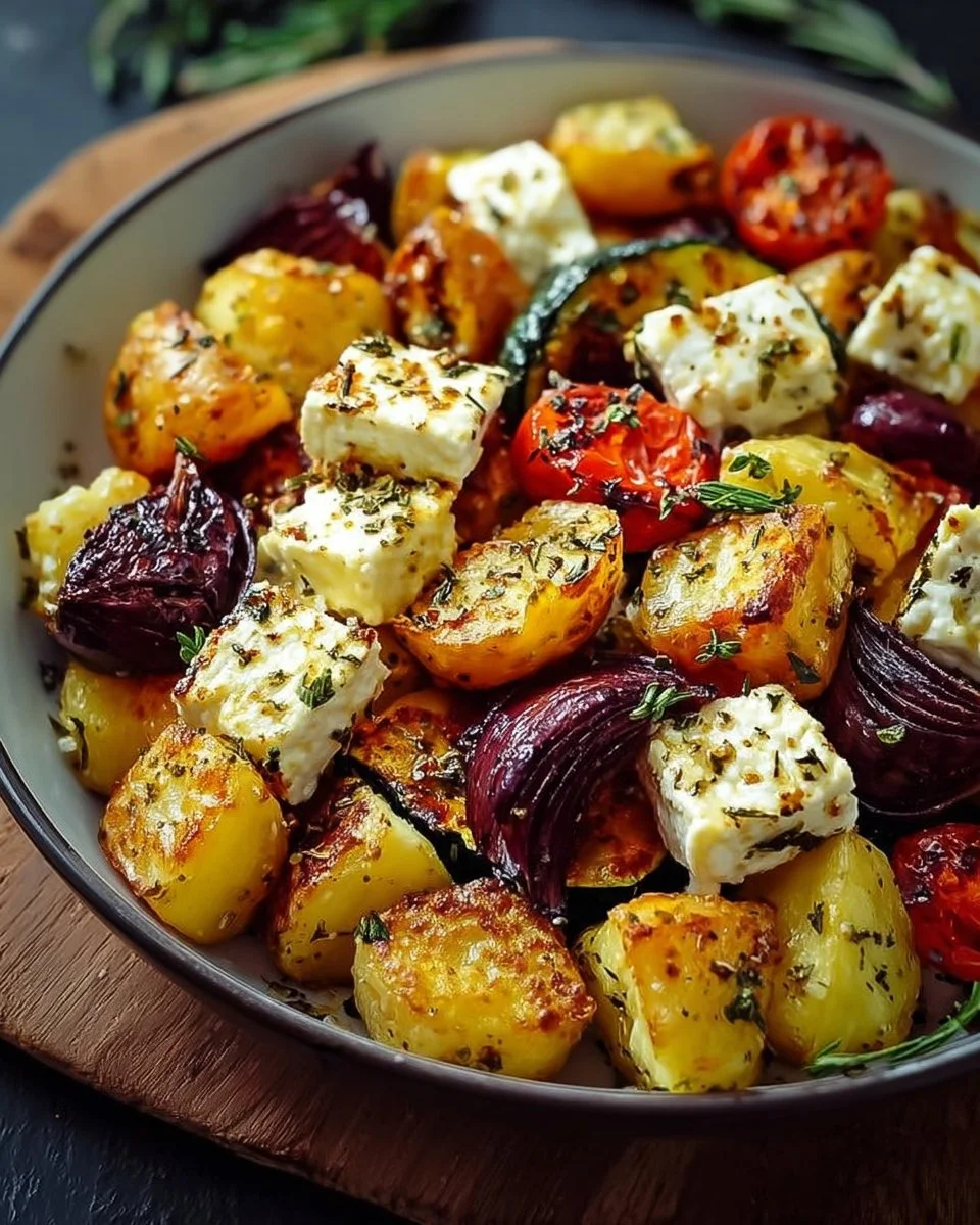 Ofengemüse mit Feta und Kartoffeln, gesundes Rezept für eine leckere Beilage.