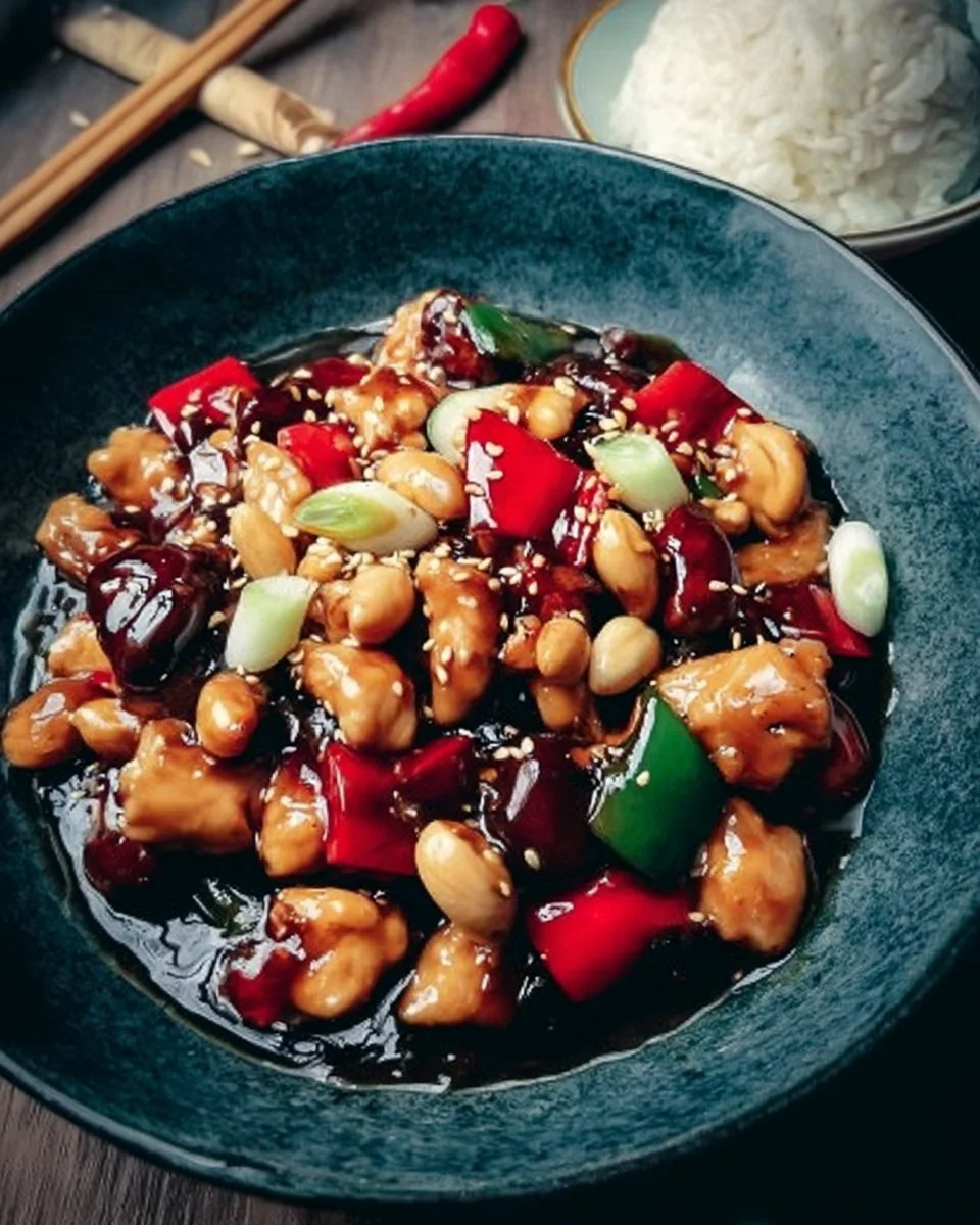 Ein schöner Teller Kung-Pao-Hähnchen serviert mit Gemüse und Reis