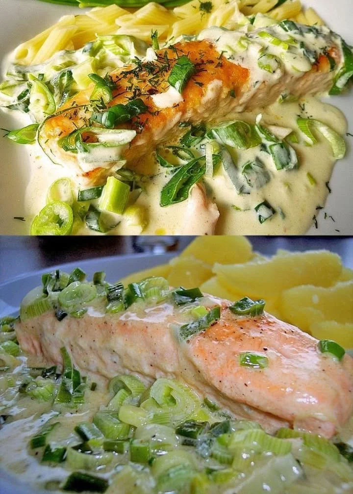 Lachsfilet in cremiger Frühlingszwiebelrahmsauce auf einem Teller angerichtet