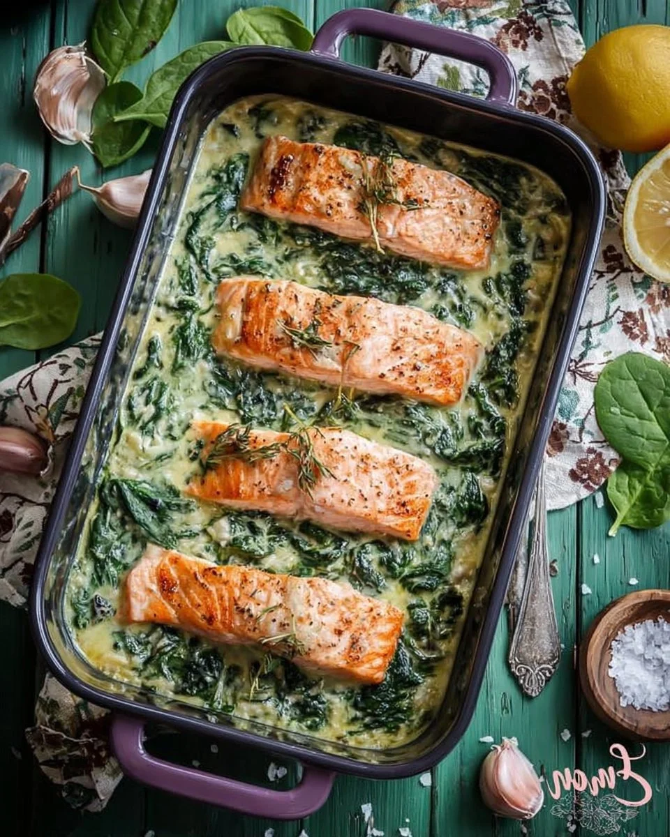 Lachsfilet auf dem cremigen Spinat-Rahmbett