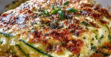 Zucchini-Hüttenkäse-Auflauf frisch aus dem Ofen serviert