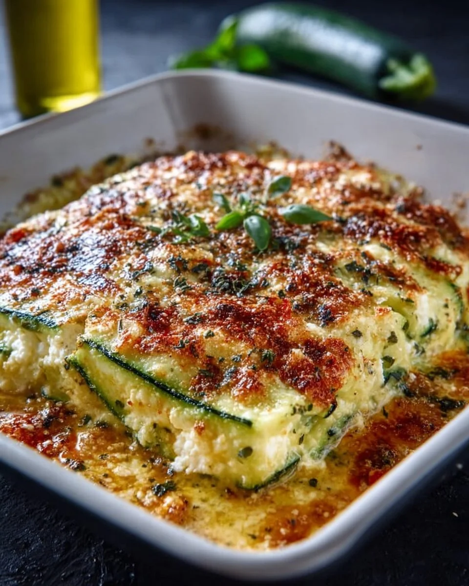 Zucchini-Hüttenkäse-Auflauf frisch aus dem Ofen serviert