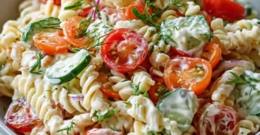 Leichter Nudelsalat mit Joghurt-Dressing auf einem Teller