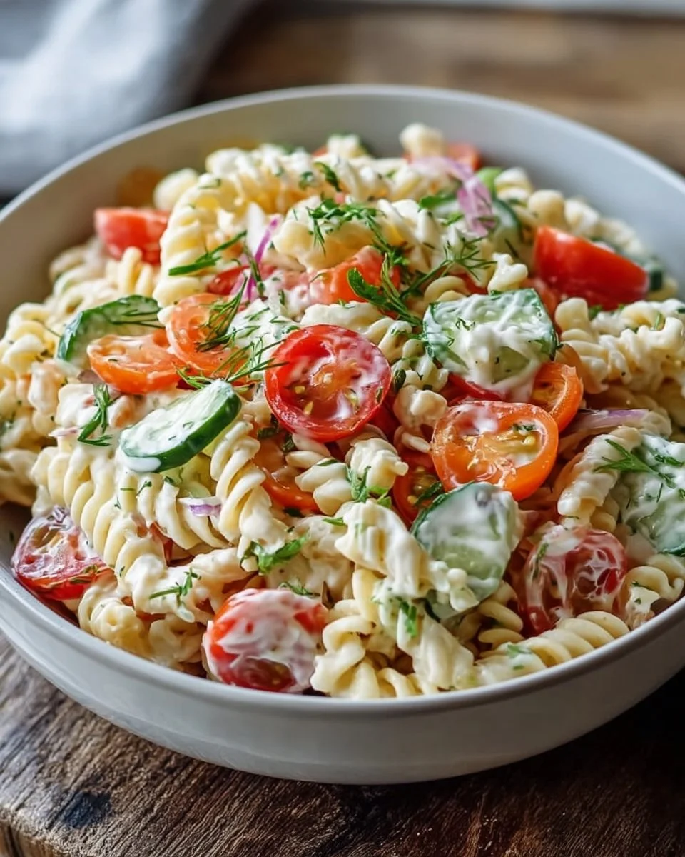 Leichter Nudelsalat mit Joghurt-Dressing auf einem Teller