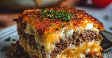 Niedrig-carb Cheeseburger-Casserole auf einem Teller serviert